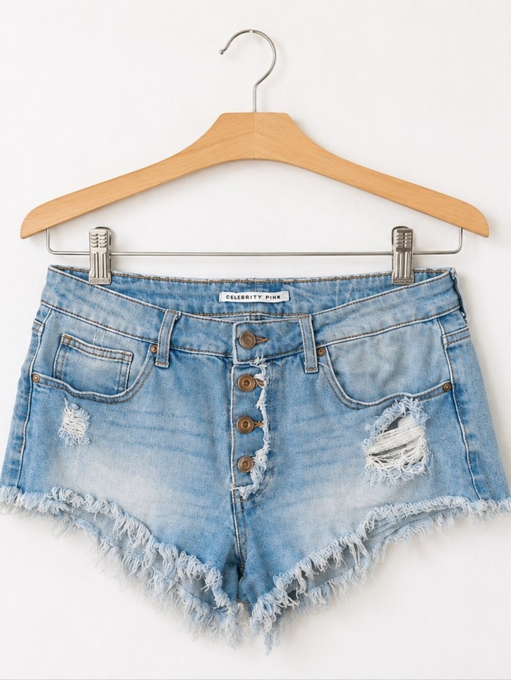 •Celebrity Pink Light Blue Distressed Denim Shorts